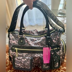 New Betsey Johnson Vintage Pink Sequin Weekender Bag Black Trim Gold Hardware